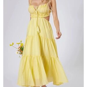 Yellow‎ Tiered Maxi Dress Sz Small Cotton Coquette Cottagecore Festival Fairy